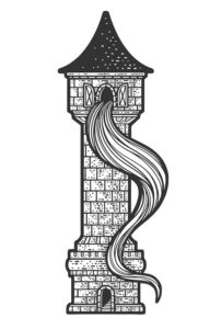 rapunzel fairy tale long hair hanging from the tower sketch engraving vector illustration. t shirt apparel print design. scratch board imitation. black and white hand drawn image.